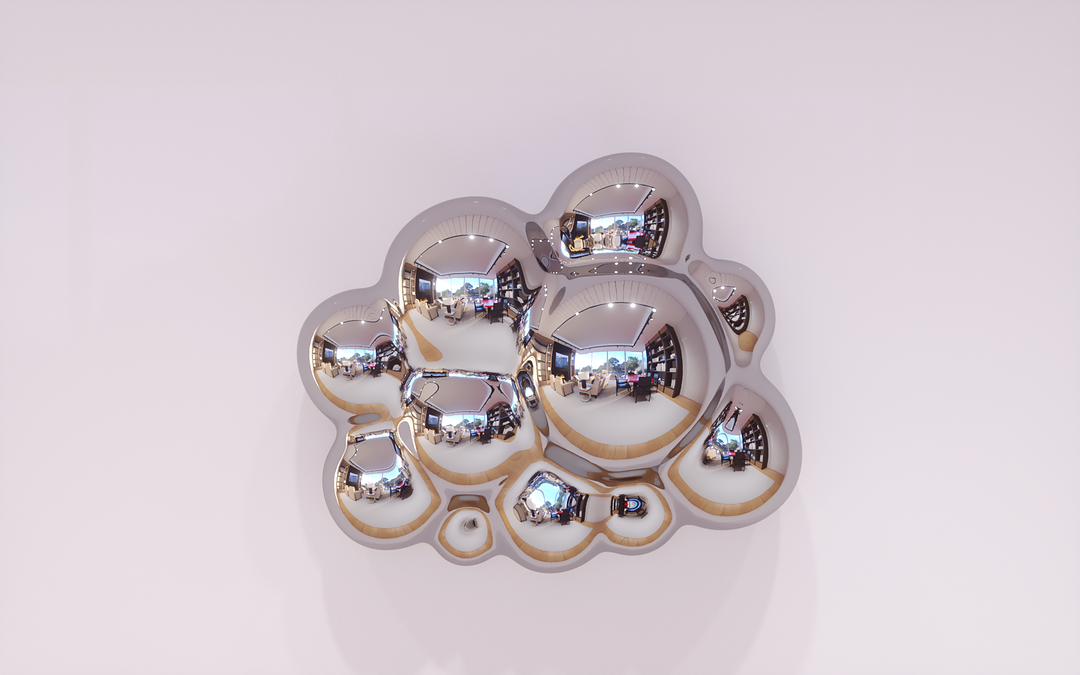 Highly polished stainless steel wall sculpture by Yoni Alter, shaped into a stylised cloud form composed of interlinked bulbous domes. The mirror finish reflects its environment in distorted, multi-angle reflections, giving the piece a playful yet refined, dreamlike presence. Suitable for both indoor and outdoor display.