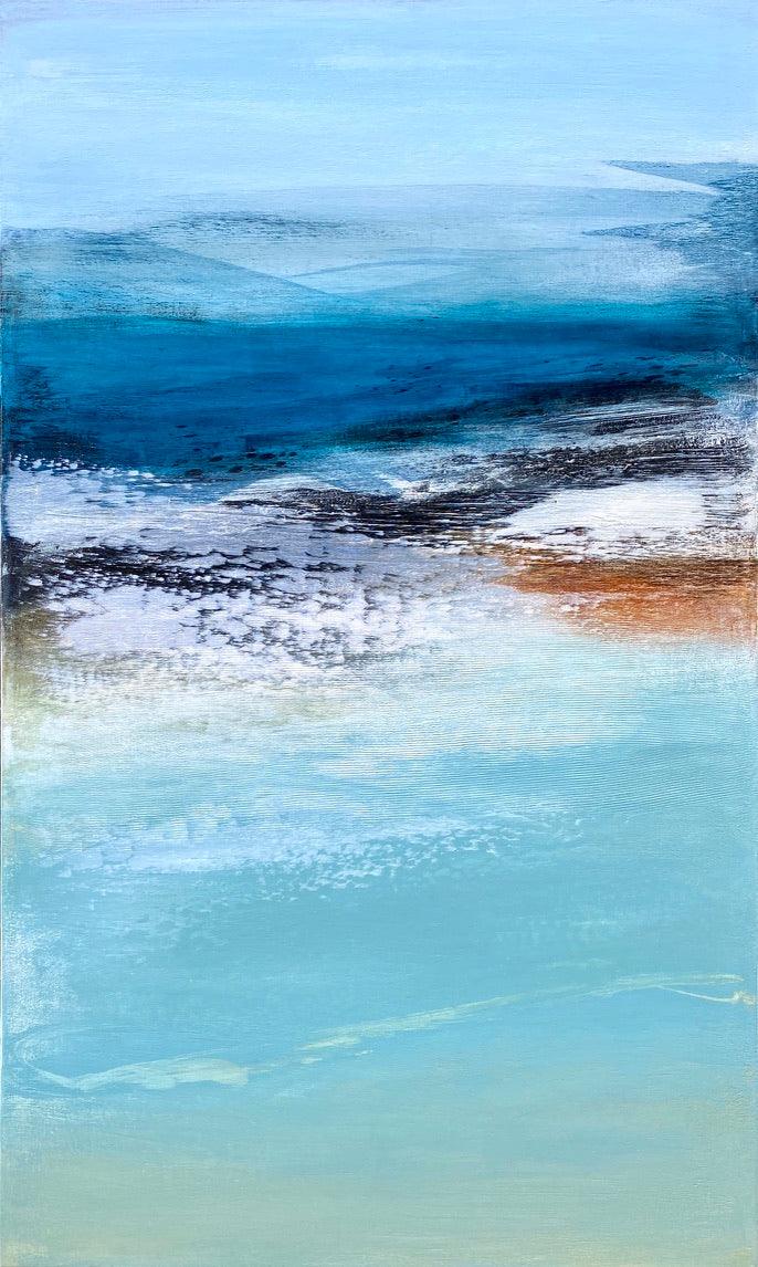 ‘Sea Drift’ by Heather McAlpine, an original contemporary seascape painting in acrylic on canvas inspired by the Cornish coastline. Layers of luminous aquamarine and deep marine blue water are contrasted with textured shoreline details, white sea spray and subtle ochre tones, creating a striking portrait-format composition that evokes light, depth and the ever-changing movement of the sea.