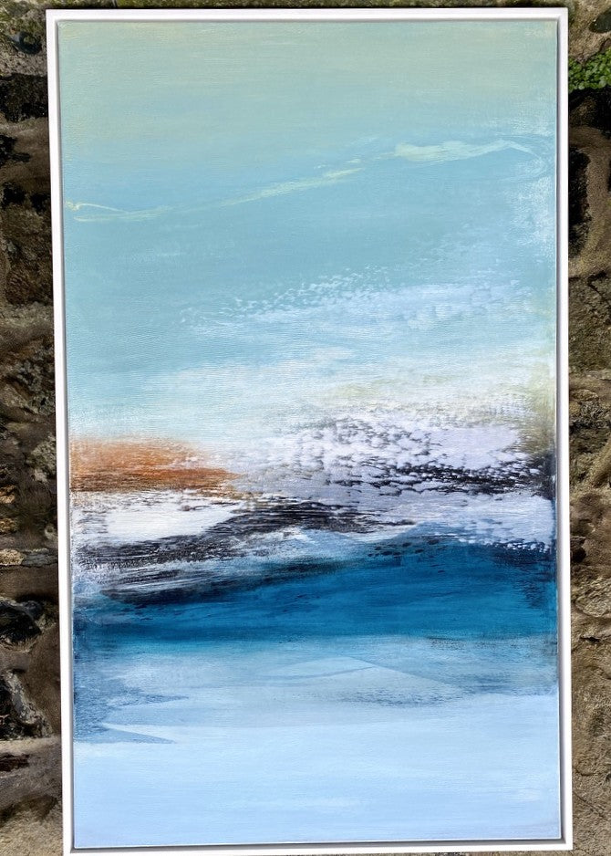 ‘Sea Drift’ by Heather McAlpine, an original contemporary seascape painting in acrylic on canvas inspired by the Cornish coastline. Layers of luminous aquamarine and deep marine blue water are contrasted with textured shoreline details, white sea spray and subtle ochre tones, creating a striking portrait-format composition that evokes light, depth and the ever-changing movement of the sea.
