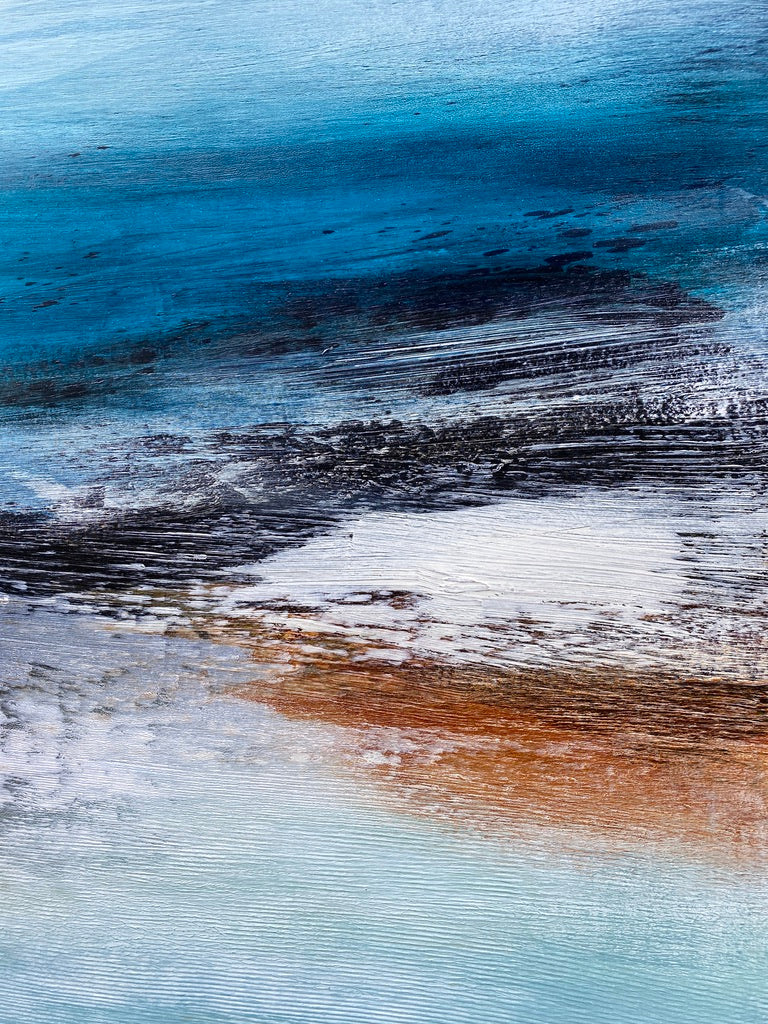 ‘Sea Drift’ by Heather McAlpine, an original contemporary seascape painting in acrylic on canvas inspired by the Cornish coastline. Layers of luminous aquamarine and deep marine blue water are contrasted with textured shoreline details, white sea spray and subtle ochre tones, creating a striking portrait-format composition that evokes light, depth and the ever-changing movement of the sea.