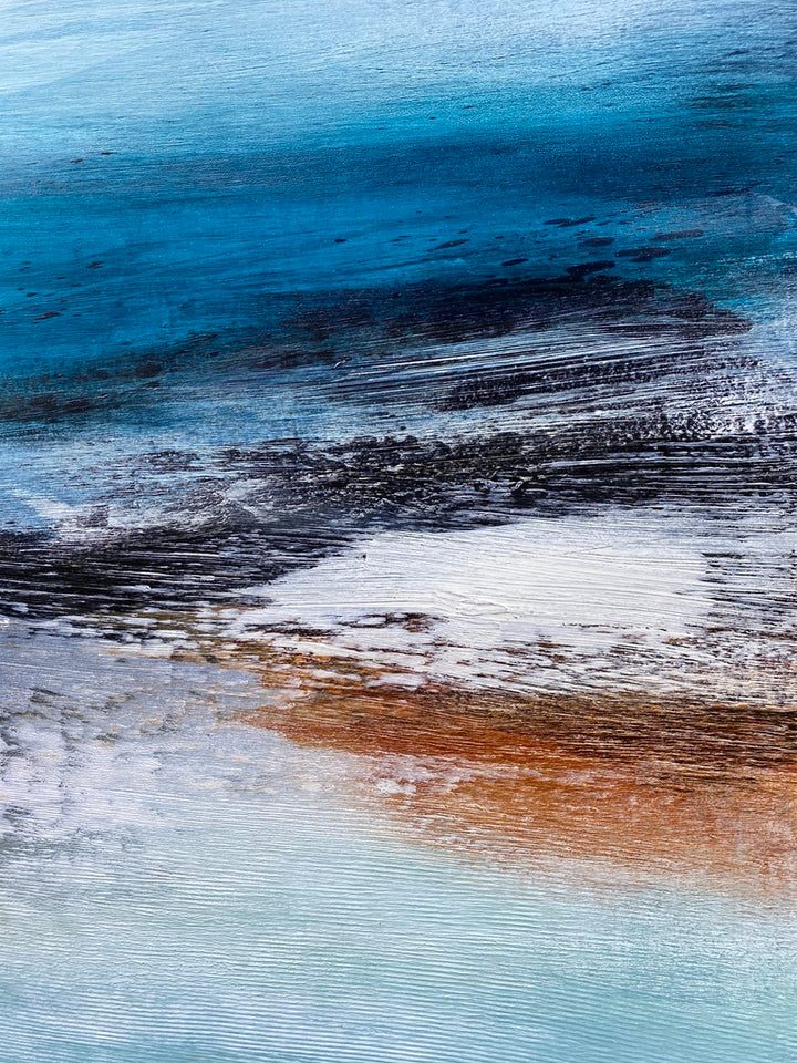 ‘Sea Drift’ by Heather McAlpine, an original contemporary seascape painting in acrylic on canvas inspired by the Cornish coastline. Layers of luminous aquamarine and deep marine blue water are contrasted with textured shoreline details, white sea spray and subtle ochre tones, creating a striking portrait-format composition that evokes light, depth and the ever-changing movement of the sea.