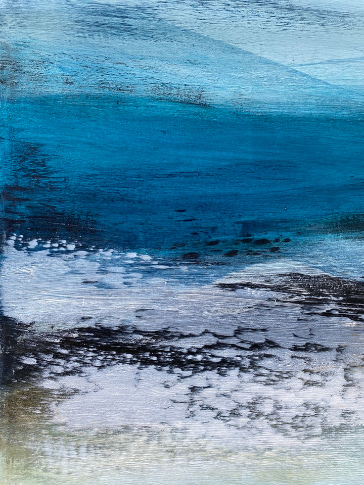 ‘Sea Drift’ by Heather McAlpine, an original contemporary seascape painting in acrylic on canvas inspired by the Cornish coastline. Layers of luminous aquamarine and deep marine blue water are contrasted with textured shoreline details, white sea spray and subtle ochre tones, creating a striking portrait-format composition that evokes light, depth and the ever-changing movement of the sea.