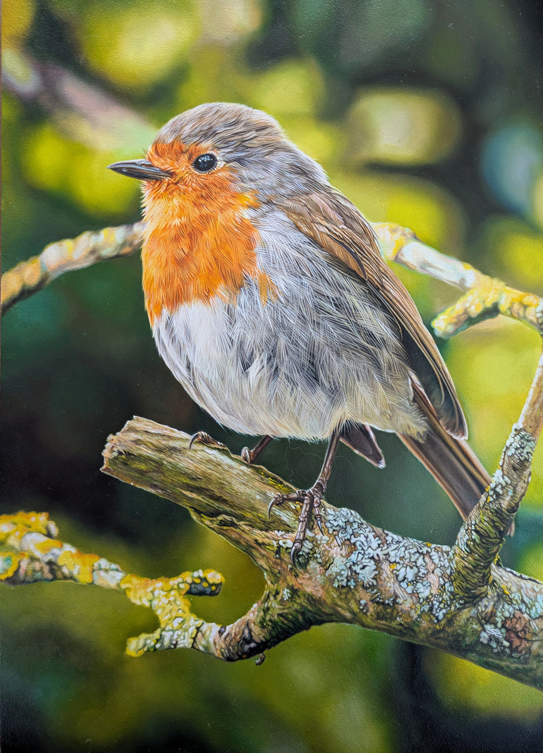 Hyperrealistic oil painting of a European robin perched on a lichen-covered branch, featuring rich detail in the orange-red breast, soft grey and brown plumage, and a vivid green-yellow blurred woodland background.