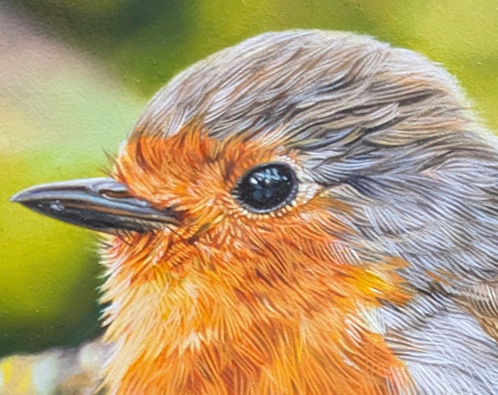 Hyperrealistic oil painting of a European robin perched on a lichen-covered branch, featuring rich detail in the orange-red breast, soft grey and brown plumage, and a vivid green-yellow blurred woodland background.