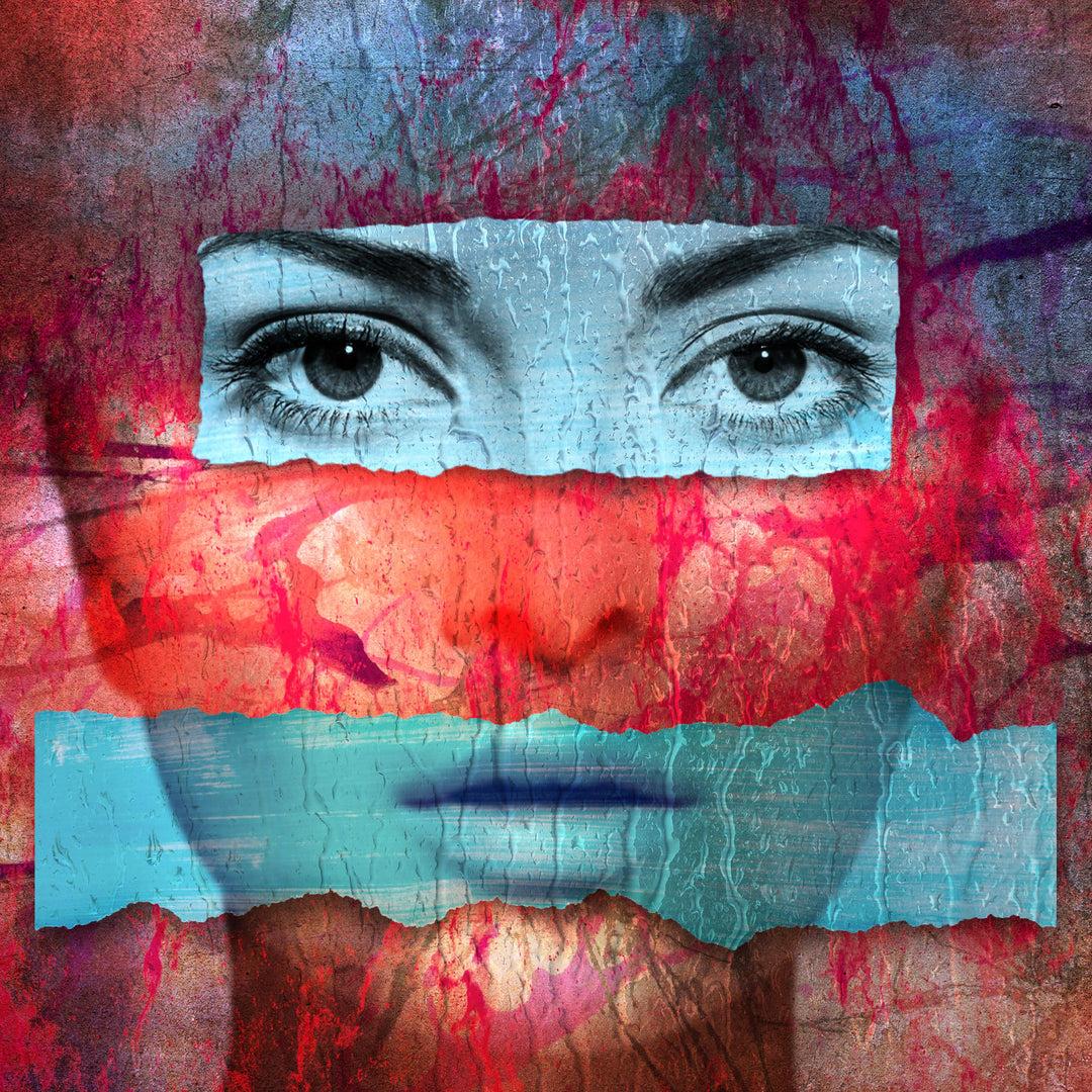 Surreal digital collage by Jack Savage featuring a fragmented female face composed of photographic eyes, nose, and lips layered across vibrant, torn bands of red, turquoise, and blue. The textured background pulses with marbled streaks of crimson, violet, and bronze tones, enhancing the emotional intensity and urban aesthetic of the piece.