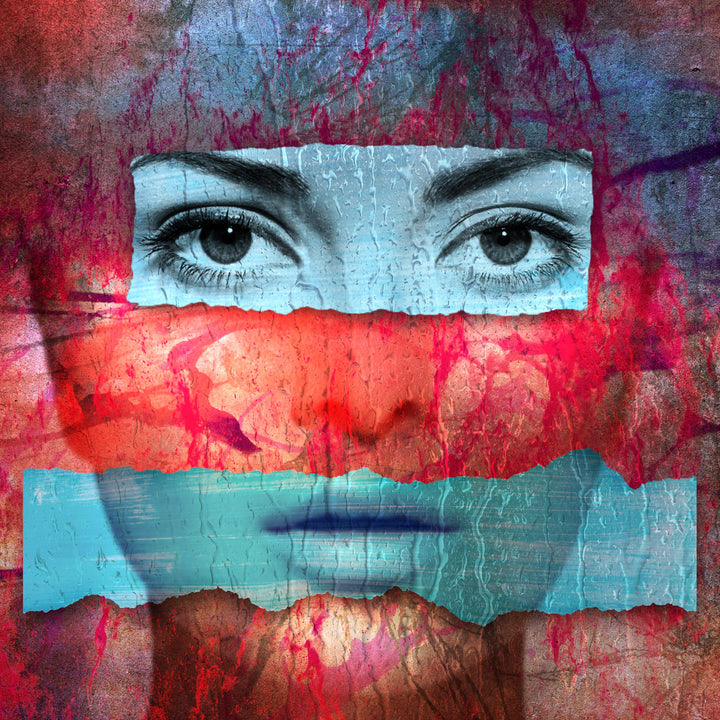 Surreal digital collage by Jack Savage featuring a fragmented female face composed of photographic eyes, nose, and lips layered across vibrant, torn bands of red, turquoise, and blue. The textured background pulses with marbled streaks of crimson, violet, and bronze tones, enhancing the emotional intensity and urban aesthetic of the piece.
