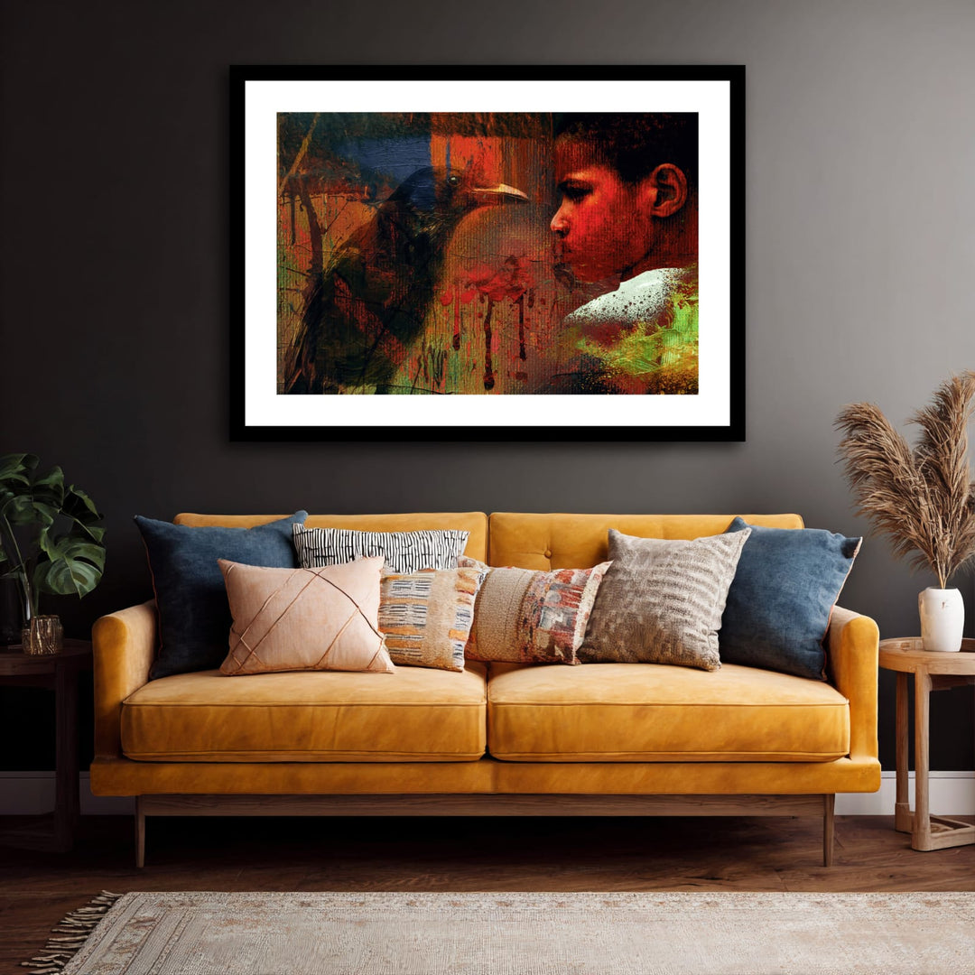 Striking digital composition depicting a young boy in intense profile facing a dark bird—possibly a crow or raven—amid a backdrop of layered textures and expressive drips. Rich tones of red, black, and deep green dominate the scene, creating a visceral, emotionally charged atmosphere that blurs realism and abstraction.