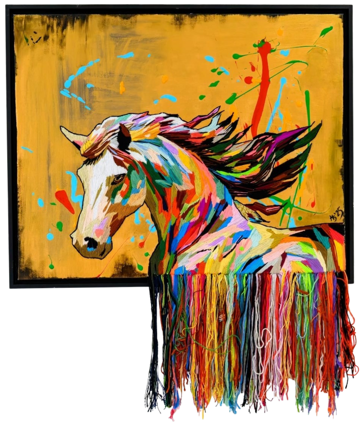 “Hundred Years of Solitude” by Helena Safari, embroidered and painted horse portrait bursting with vivid rainbow colours, flowing multicoloured threads cascading from the canvas, blending hand embroidery with acrylic paint on a golden background in homage to Gabriel García Márquez.