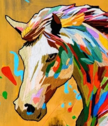 “Hundred Years of Solitude” by Helena Safari, embroidered and painted horse portrait bursting with vivid rainbow colours, flowing multicoloured threads cascading from the canvas, blending hand embroidery with acrylic paint on a golden background in homage to Gabriel García Márquez.