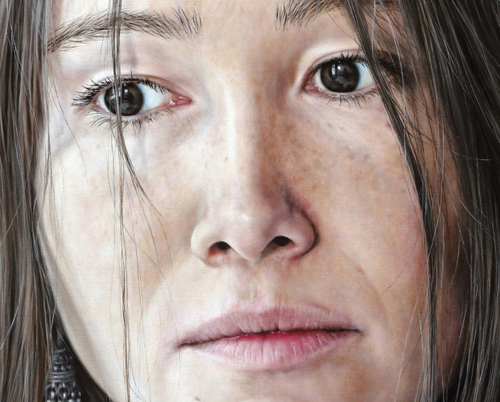Arina Gordienko hyperrealist oil painting Lend Me the Past, a close-up portrait of a young woman with long brown hair falling loosely around her face, her expression marked by sadness and introspection. Set against a deep red background, the work conveys themes of memory, grief, and the longing to rewrite painful moments from the past.
