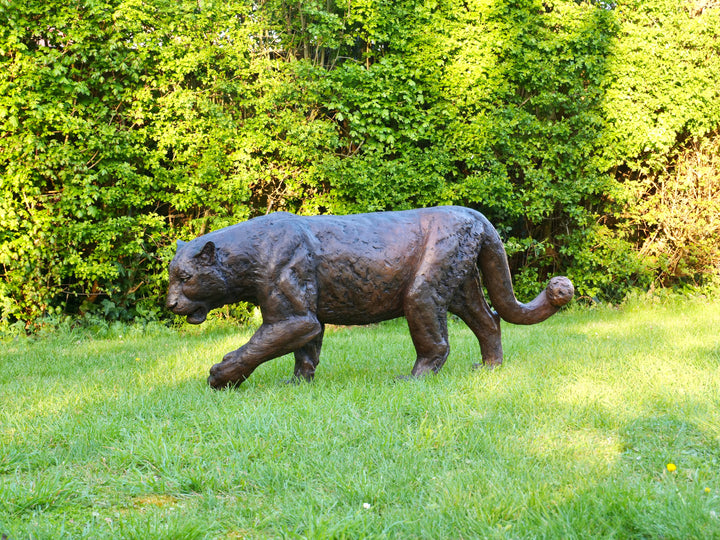 ‘Bloodline’ Amur leopard sculpture by Jamie Lord, life-size cold cast bronze of a leopard walking mid-stride with raised paw, textured dark bronze surface set outdoors on grass against green foliage