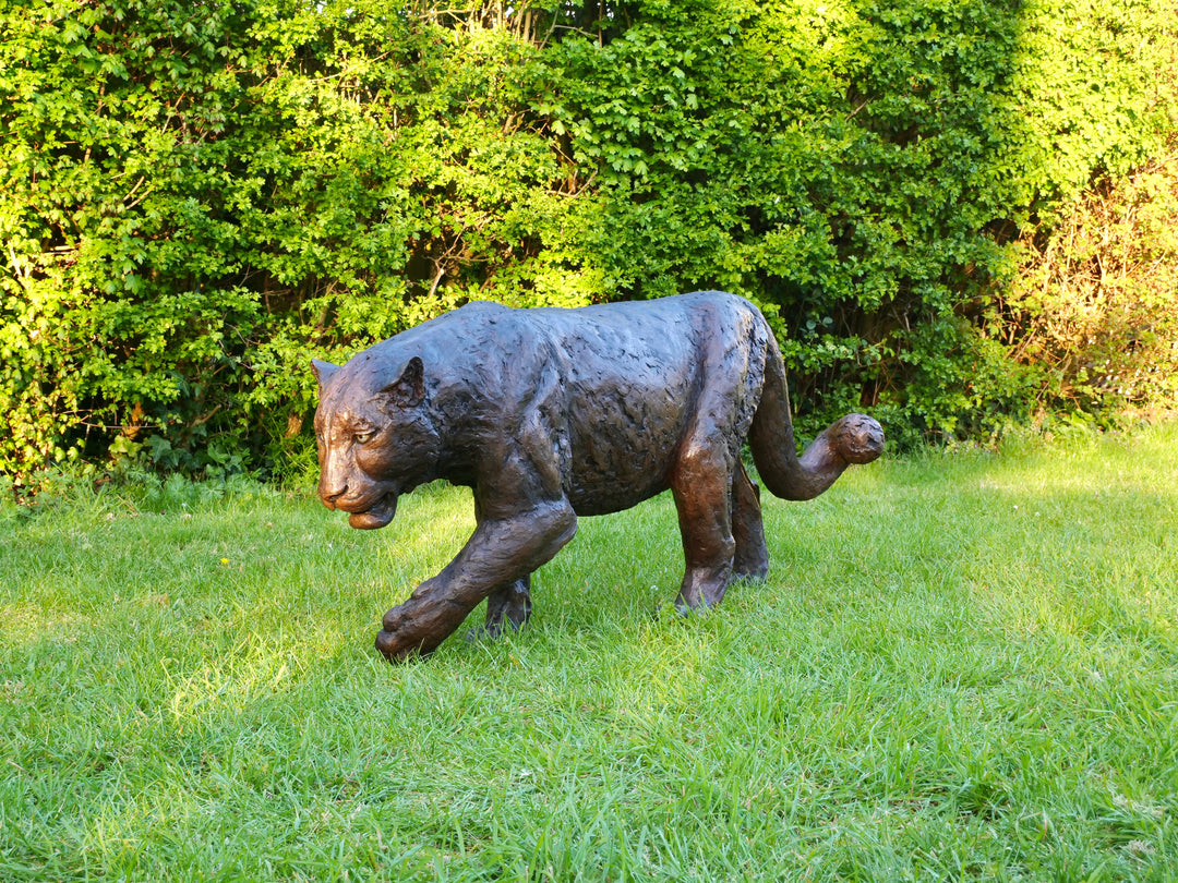 ‘Bloodline’ Amur leopard sculpture by Jamie Lord, life-size cold cast bronze of a leopard walking mid-stride with raised paw, textured dark bronze surface set outdoors on grass against green foliage