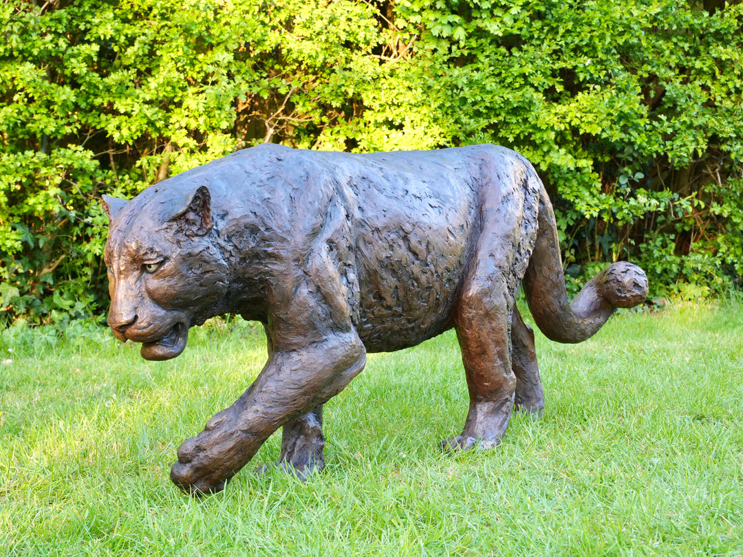 ‘Bloodline’ Amur leopard sculpture by Jamie Lord, life-size cold cast bronze of a leopard walking mid-stride with raised paw, textured dark bronze surface set outdoors on grass against green foliage