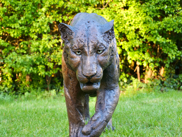 ‘Bloodline’ Amur leopard sculpture by Jamie Lord, life-size cold cast bronze of a leopard walking mid-stride with raised paw, textured dark bronze surface set outdoors on grass against green foliage