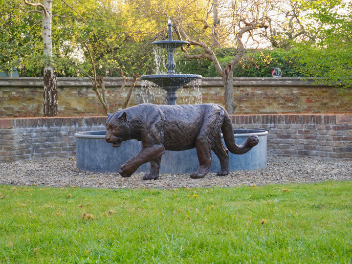 ‘Bloodline’ Amur leopard sculpture by Jamie Lord, life-size cold cast bronze of a leopard walking mid-stride with raised paw, textured dark bronze surface set outdoors on grass against green foliage