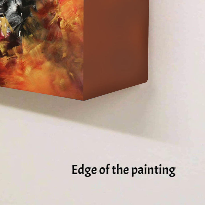 Expressive abstract painting featuring a swirling blend of fiery oranges, deep purples, rich blacks, and metallic silvers. The layered composition radiates energy, with fluid brushstrokes and dynamic contrasts creating a sense of intense movement and transformation.