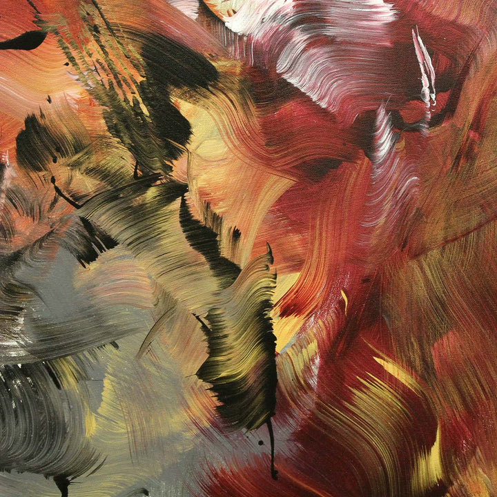Expressive abstract painting featuring a swirling blend of fiery oranges, deep purples, rich blacks, and metallic silvers. The layered composition radiates energy, with fluid brushstrokes and dynamic contrasts creating a sense of intense movement and transformation.