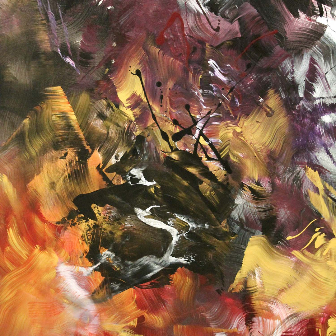 Expressive abstract painting featuring a swirling blend of fiery oranges, deep purples, rich blacks, and metallic silvers. The layered composition radiates energy, with fluid brushstrokes and dynamic contrasts creating a sense of intense movement and transformation.