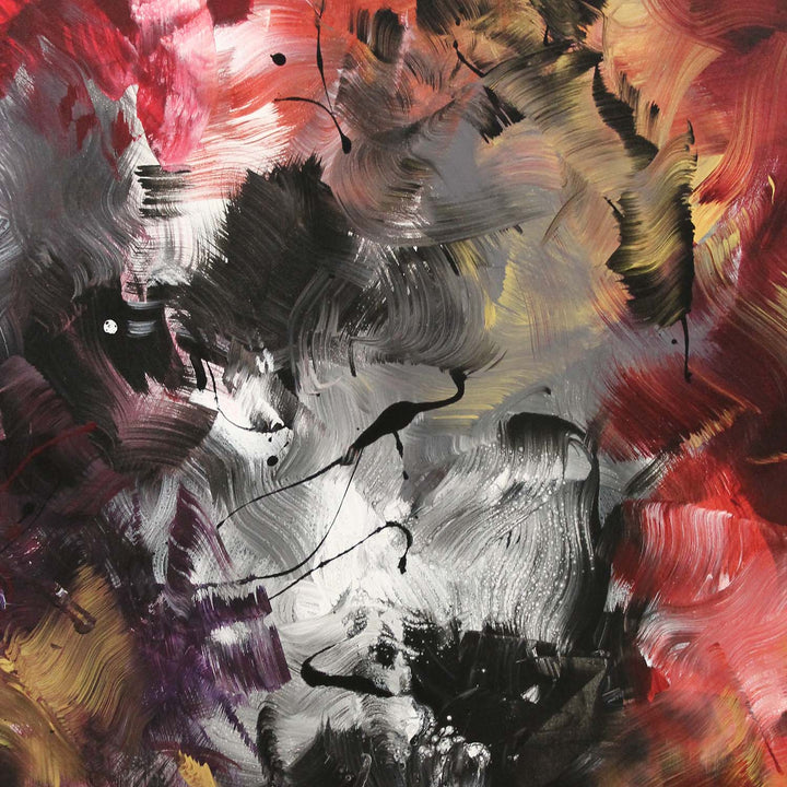 Expressive abstract painting featuring a swirling blend of fiery oranges, deep purples, rich blacks, and metallic silvers. The layered composition radiates energy, with fluid brushstrokes and dynamic contrasts creating a sense of intense movement and transformation.