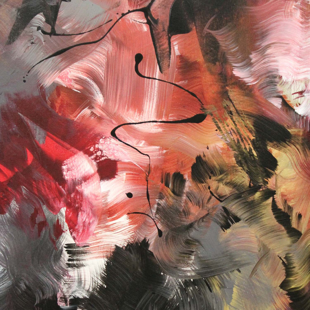 Expressive abstract painting featuring a swirling blend of fiery oranges, deep purples, rich blacks, and metallic silvers. The layered composition radiates energy, with fluid brushstrokes and dynamic contrasts creating a sense of intense movement and transformation.