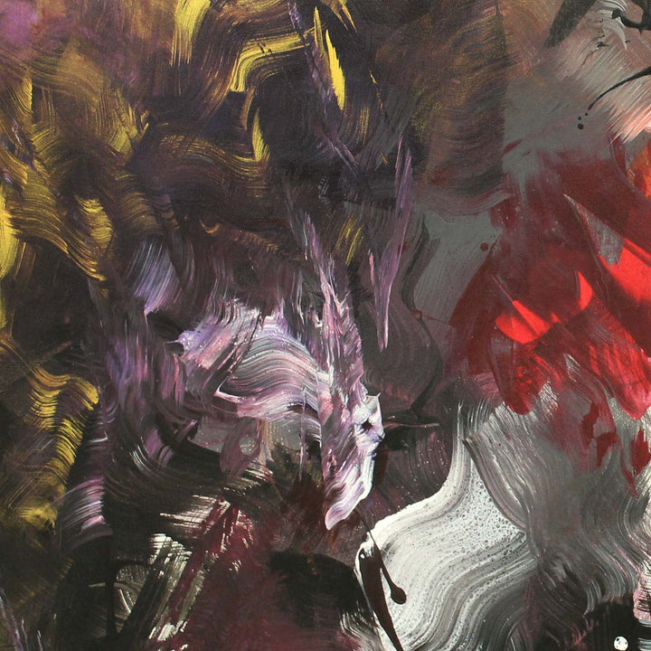 Expressive abstract painting featuring a swirling blend of fiery oranges, deep purples, rich blacks, and metallic silvers. The layered composition radiates energy, with fluid brushstrokes and dynamic contrasts creating a sense of intense movement and transformation.