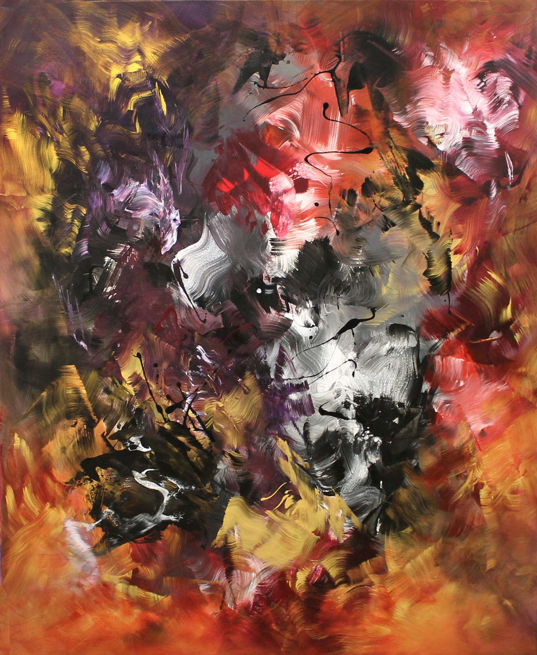 Expressive abstract painting featuring a swirling blend of fiery oranges, deep purples, rich blacks, and metallic silvers. The layered composition radiates energy, with fluid brushstrokes and dynamic contrasts creating a sense of intense movement and transformation.