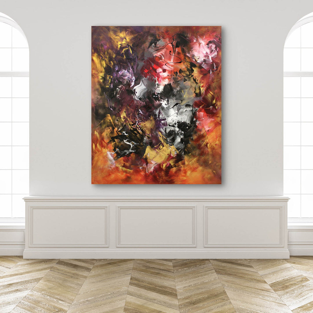 Expressive abstract painting featuring a swirling blend of fiery oranges, deep purples, rich blacks, and metallic silvers. The layered composition radiates energy, with fluid brushstrokes and dynamic contrasts creating a sense of intense movement and transformation.