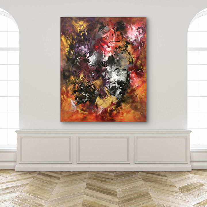 Expressive abstract painting featuring a swirling blend of fiery oranges, deep purples, rich blacks, and metallic silvers. The layered composition radiates energy, with fluid brushstrokes and dynamic contrasts creating a sense of intense movement and transformation.