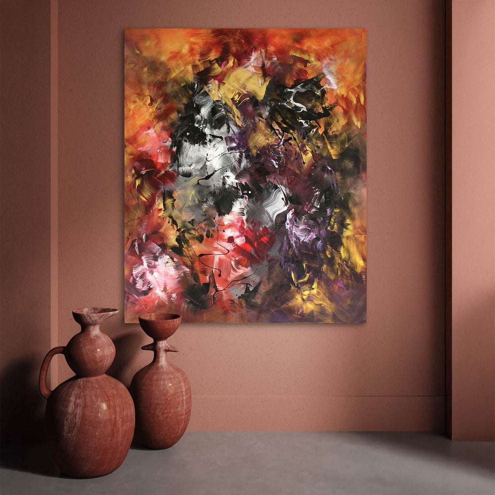 Expressive abstract painting featuring a swirling blend of fiery oranges, deep purples, rich blacks, and metallic silvers. The layered composition radiates energy, with fluid brushstrokes and dynamic contrasts creating a sense of intense movement and transformation.