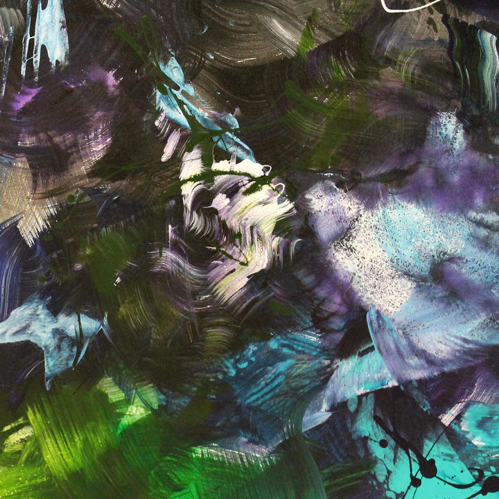 Abstract painting with sweeping layers of teal, turquoise, and indigo, blended with black, white, and flashes of bright green and violet. A rich, immersive composition evoking deep water or cosmic energy.