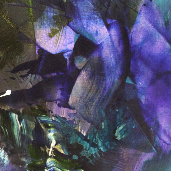 Abstract painting with sweeping layers of teal, turquoise, and indigo, blended with black, white, and flashes of bright green and violet. A rich, immersive composition evoking deep water or cosmic energy.