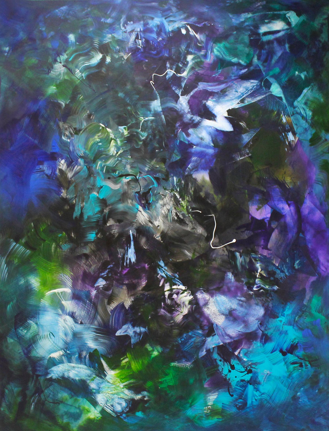Abstract painting with sweeping layers of teal, turquoise, and indigo, blended with black, white, and flashes of bright green and violet. A rich, immersive composition evoking deep water or cosmic energy.