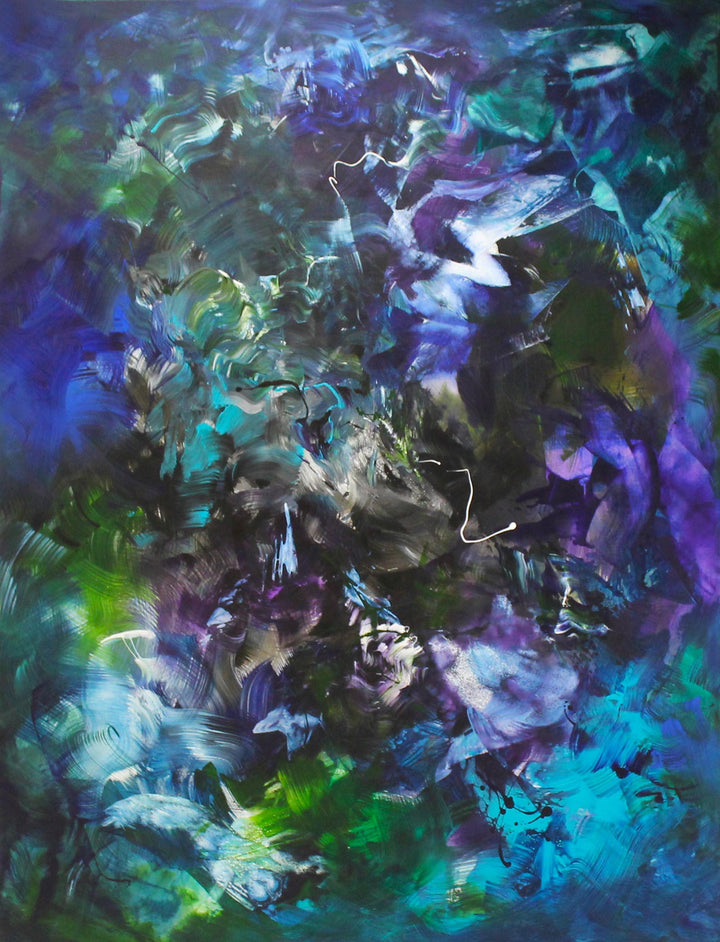 Abstract painting with sweeping layers of teal, turquoise, and indigo, blended with black, white, and flashes of bright green and violet. A rich, immersive composition evoking deep water or cosmic energy.