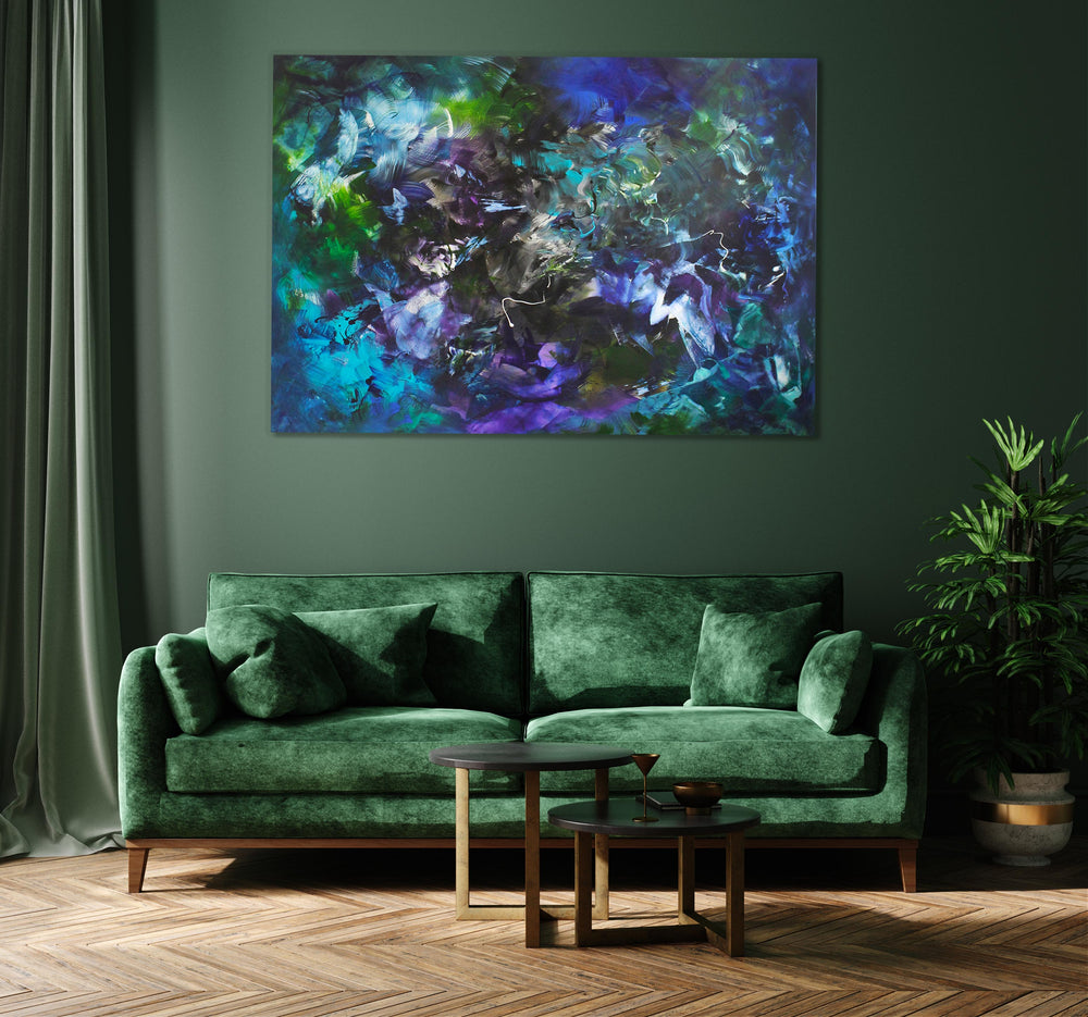 Abstract painting with sweeping layers of teal, turquoise, and indigo, blended with black, white, and flashes of bright green and violet. A rich, immersive composition evoking deep water or cosmic energy.