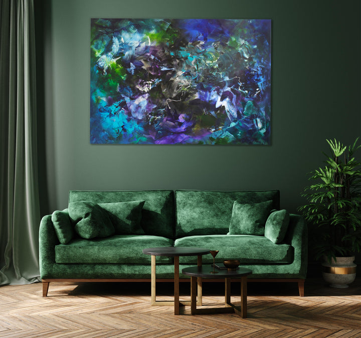 Abstract painting with sweeping layers of teal, turquoise, and indigo, blended with black, white, and flashes of bright green and violet. A rich, immersive composition evoking deep water or cosmic energy.