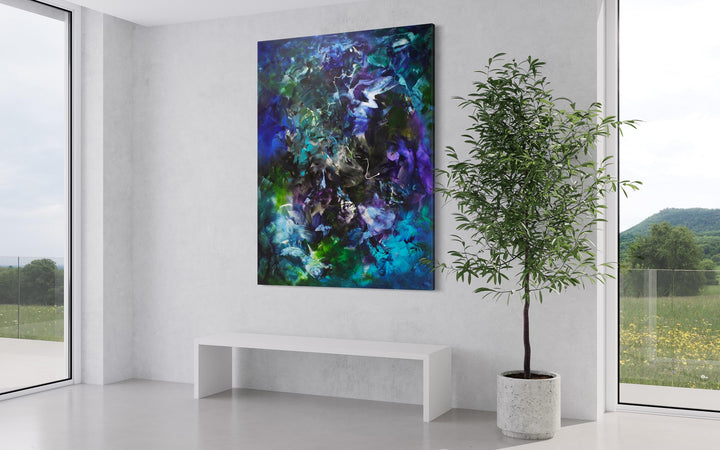 Abstract painting with sweeping layers of teal, turquoise, and indigo, blended with black, white, and flashes of bright green and violet. A rich, immersive composition evoking deep water or cosmic energy.