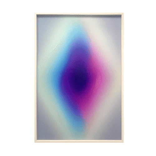 The Opening: Lenticular by Lauren Baker, a limited edition reflective lenticular artwork composed of four abstract paintings, creating shifting gradients of light and colour within a white wood box frame, offering a dynamic visual experience that changes with perspective.
