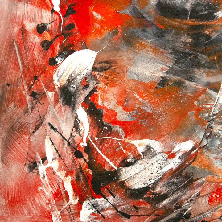 Abstract expressionist painting with dynamic brushstrokes in black, white, and deep red, layered over a burnt orange and grey-toned background. Energetic splashes and gestural marks create a powerful sense of motion and intensity.
