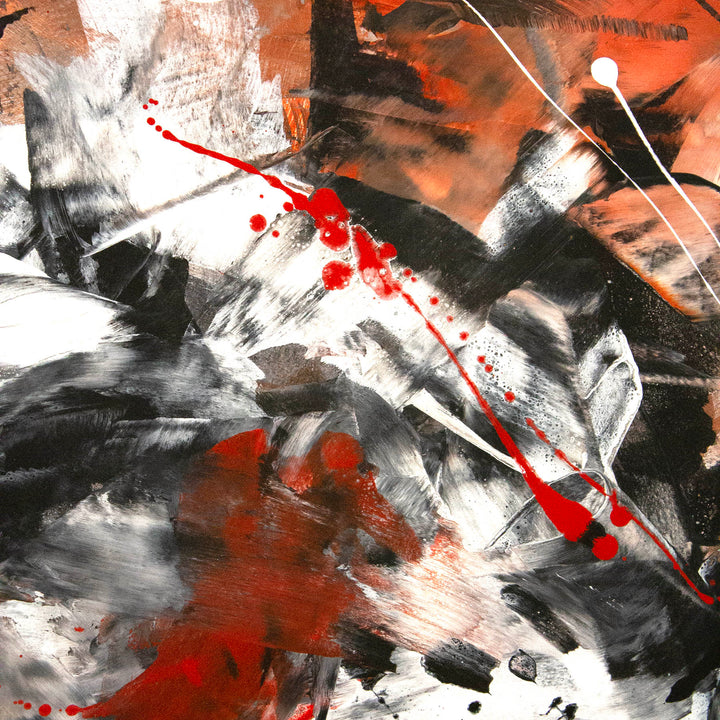 Abstract expressionist painting with dynamic brushstrokes in black, white, and deep red, layered over a burnt orange and grey-toned background. Energetic splashes and gestural marks create a powerful sense of motion and intensity.