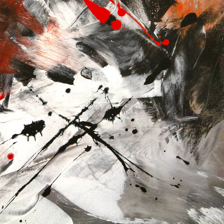 Abstract expressionist painting with dynamic brushstrokes in black, white, and deep red, layered over a burnt orange and grey-toned background. Energetic splashes and gestural marks create a powerful sense of motion and intensity.