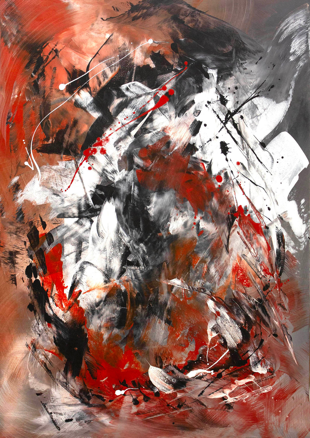 Abstract expressionist painting with dynamic brushstrokes in black, white, and deep red, layered over a burnt orange and grey-toned background. Energetic splashes and gestural marks create a powerful sense of motion and intensity.