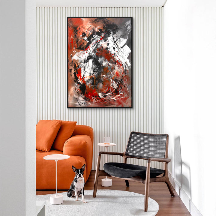 Abstract expressionist painting with dynamic brushstrokes in black, white, and deep red, layered over a burnt orange and grey-toned background. Energetic splashes and gestural marks create a powerful sense of motion and intensity.