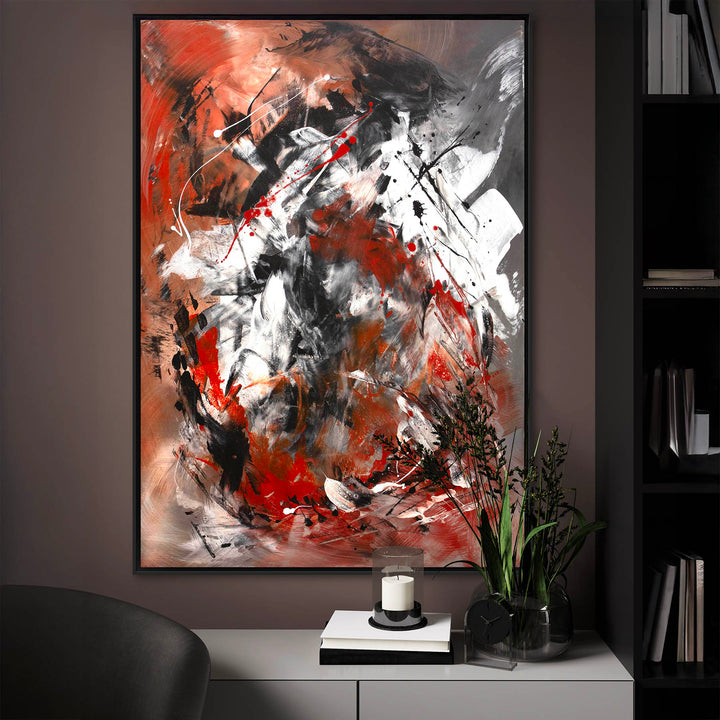Abstract expressionist painting with dynamic brushstrokes in black, white, and deep red, layered over a burnt orange and grey-toned background. Energetic splashes and gestural marks create a powerful sense of motion and intensity.