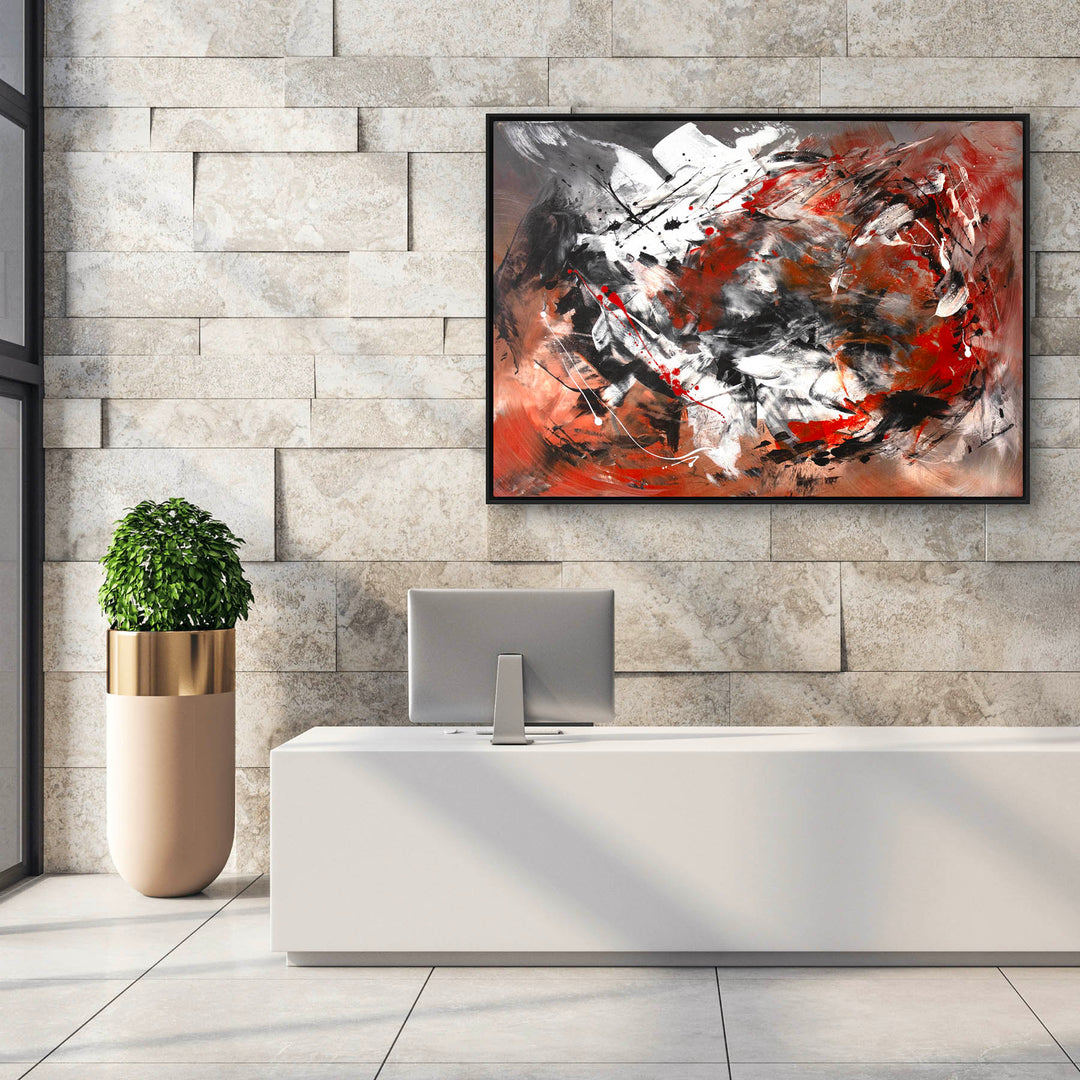 Abstract expressionist painting with dynamic brushstrokes in black, white, and deep red, layered over a burnt orange and grey-toned background. Energetic splashes and gestural marks create a powerful sense of motion and intensity.