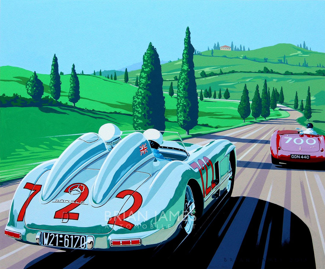 Stylised artwork of classic racing cars driving through scenic green hills, featuring a silver Mercedes-Benz and a red sports car.


