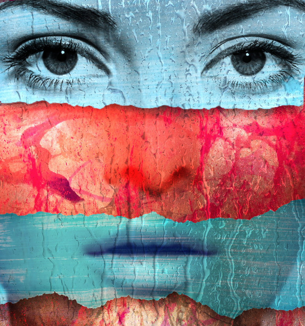 Surreal digital collage by Jack Savage featuring a fragmented female face composed of photographic eyes, nose, and lips layered across vibrant, torn bands of red, turquoise, and blue. The textured background pulses with marbled streaks of crimson, violet, and bronze tones, enhancing the emotional intensity and urban aesthetic of the piece.