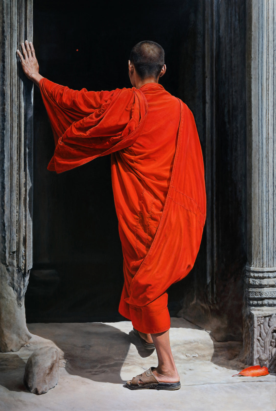 Arina Gordienko hyperrealism oil painting Transition, depicting a Buddhist monk in vivid red robes standing at a temple doorway, symbolising change and crossing into the unknown, with strong contrasts of shadow and light.