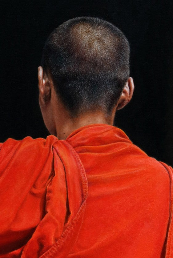 Arina Gordienko hyperrealism oil painting Transition, depicting a Buddhist monk in vivid red robes standing at a temple doorway, symbolising change and crossing into the unknown, with strong contrasts of shadow and light.