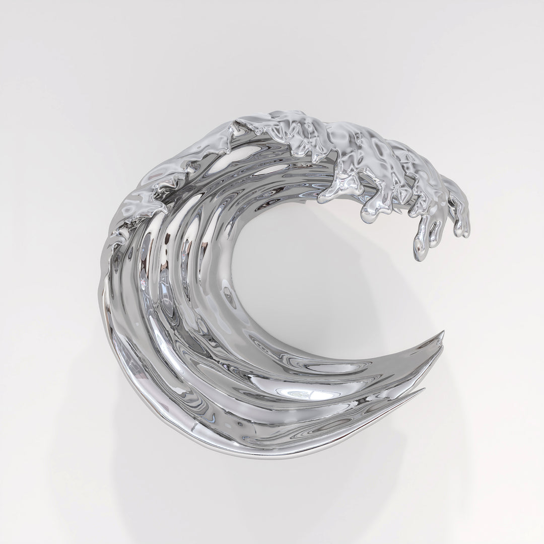 Striking wall-mounted sculpture by Yoni Alter, crafted from mirror-polished stainless steel and shaped into a stylised cresting wave. The reflective surface and sweeping fluid lines capture movement, energy, and elegance, blending natural inspiration with futuristic minimalism. Suitable for both interior and exterior display.