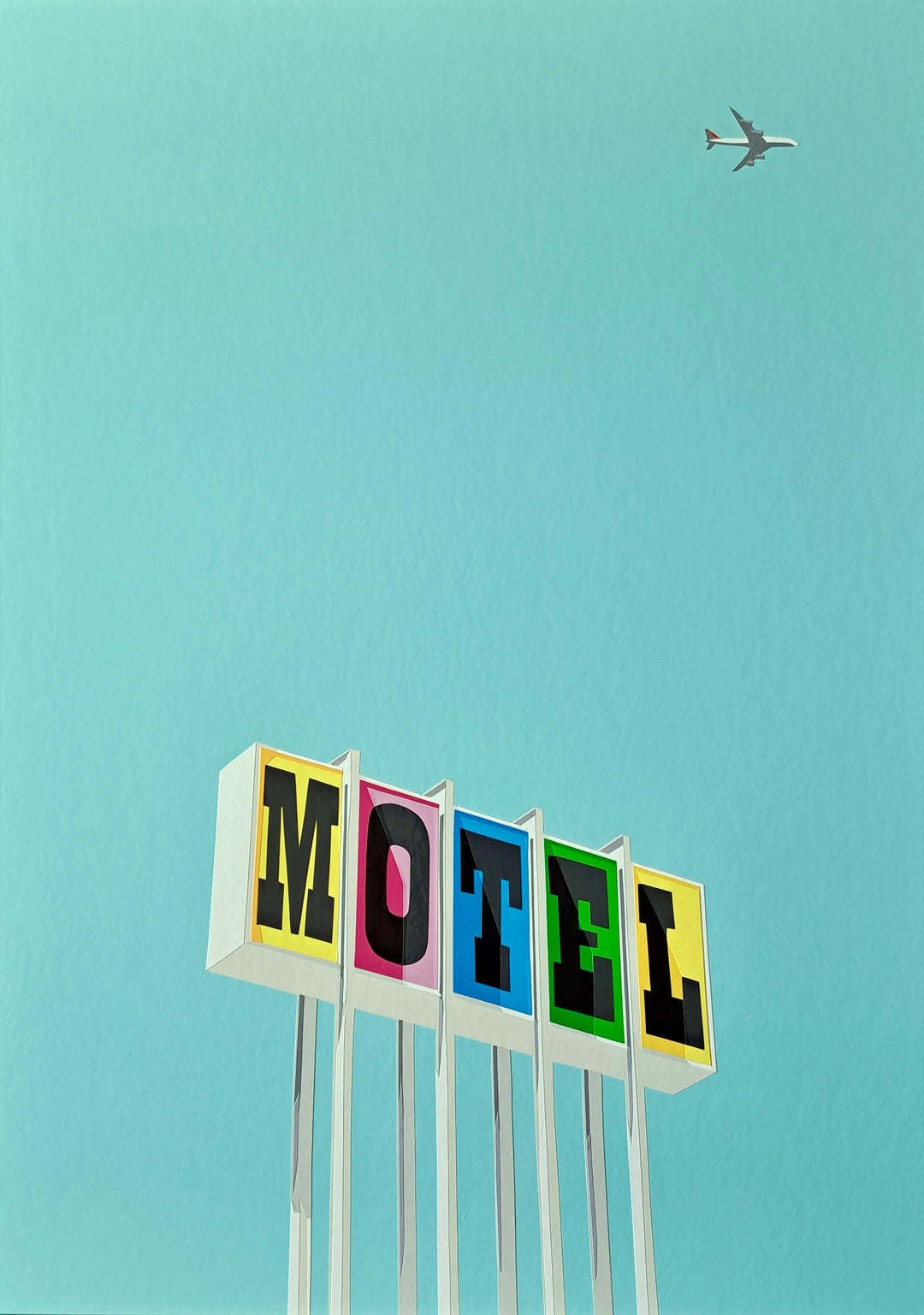 Original hand-cut vinyl artwork of a retro American motel sign with bold yellow, pink, blue, green and black lettering, set against a solid turquoise sky with a plane flying overhead.